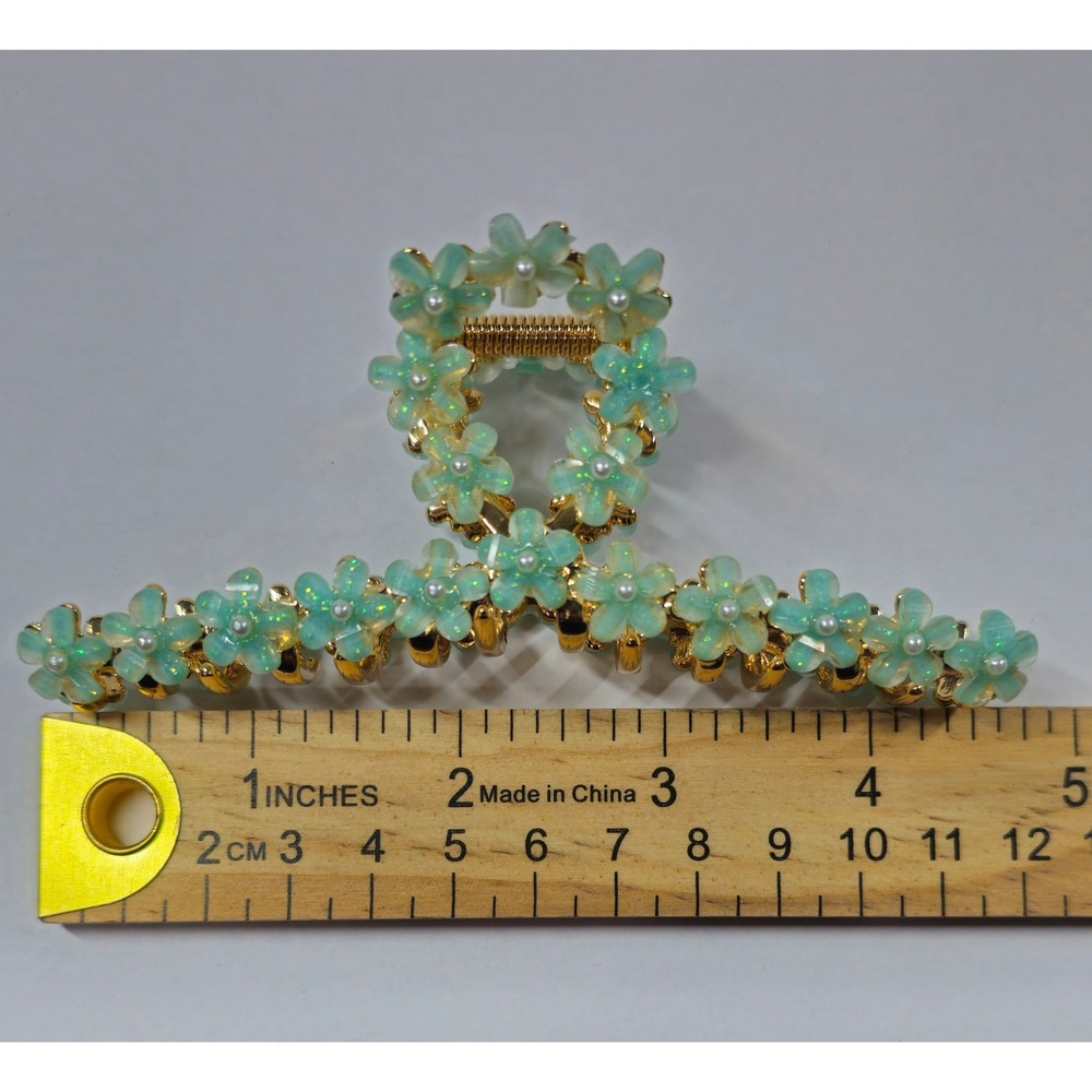 Gold Teal Flower Claw Clip Metal Mint Green Hair Accessory NEW